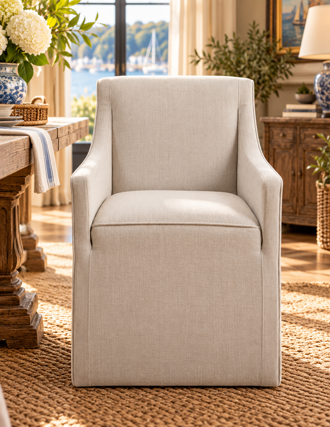 A light beige upholstered armchair with a square boxy silhouette, shown in a bright, sunlit living room with a window, water view, rug, and wooden furniture.