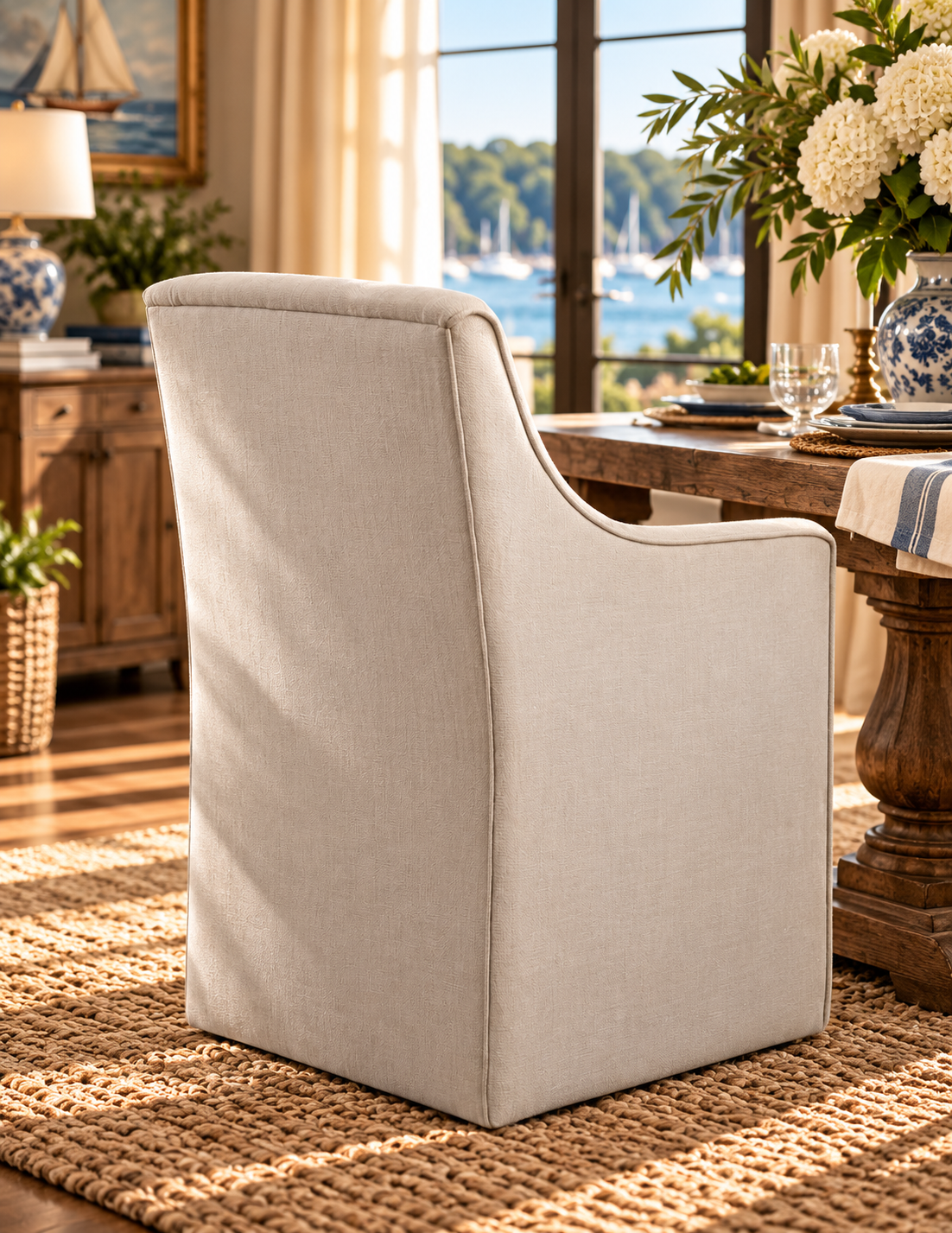 A light beige upholstered armchair with a high back and curved arms, shown in a beautifully styled dining room with a wooden table, woven rug, and a window overlooking a sunny harbor scene.