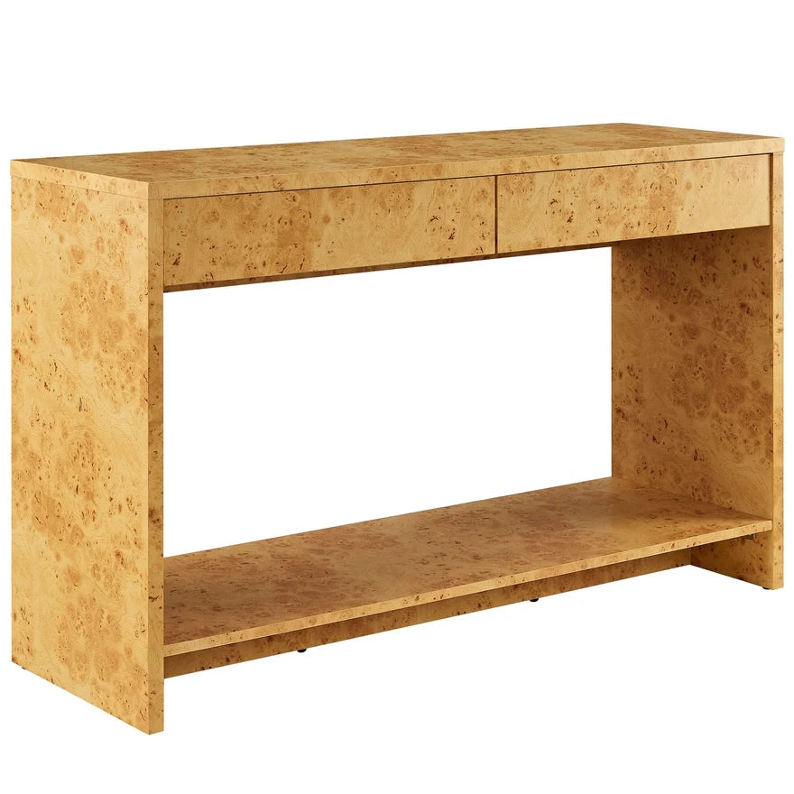 Wooden console table with two drawers and an open shelf on a white background