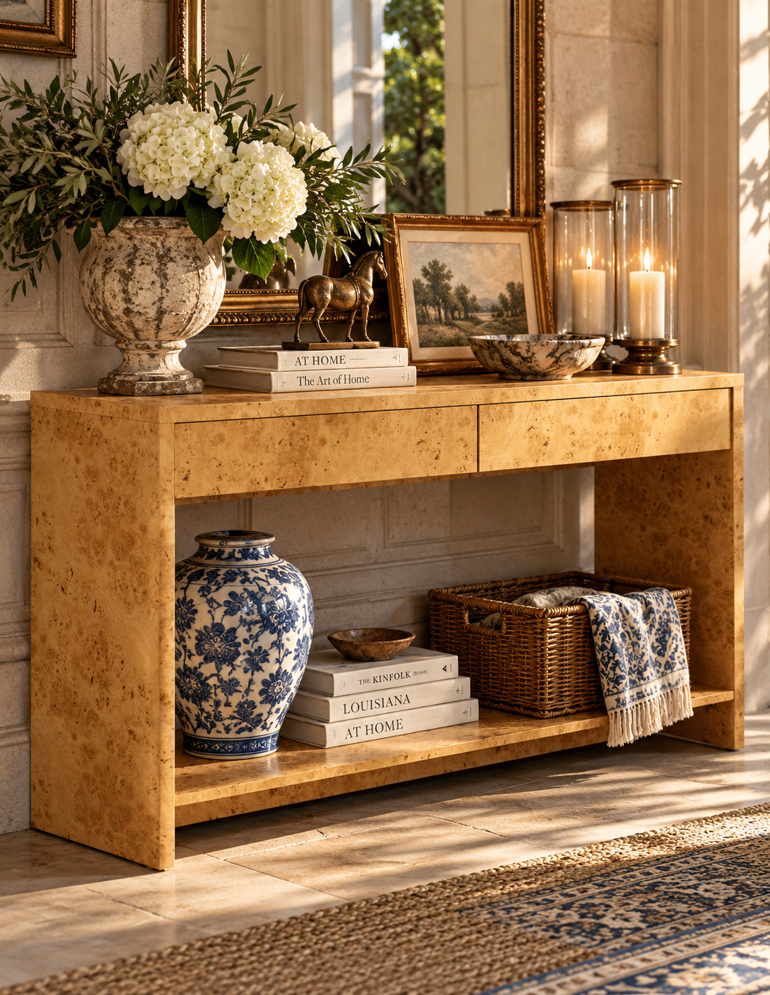 A warm-toned wood console table styled in a sunlit entryway, holding a large floral arrangement in a vase, books, a small horse figurine, framed art, lit glass candleholders, a blue-and-white ceramic vase, a wicker basket, and a folded patterned throw.