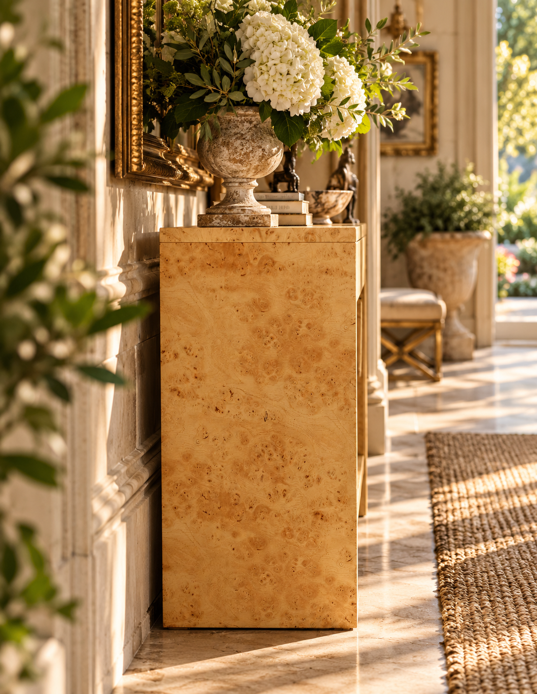 A tall rectangular console table made of warm beige burl wood, styled in a sunlit classical interior with a white floral urn on top.