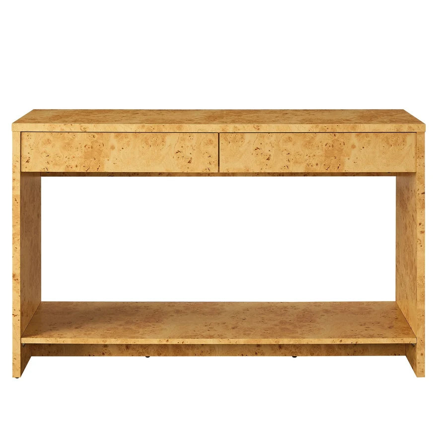 A light natural wood console table with two drawers on the top and an open lower shelf, shown against a plain white background.
