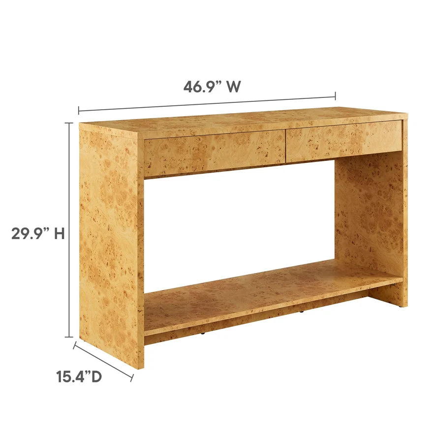 Wooden console table with dimensions labeled on a white background