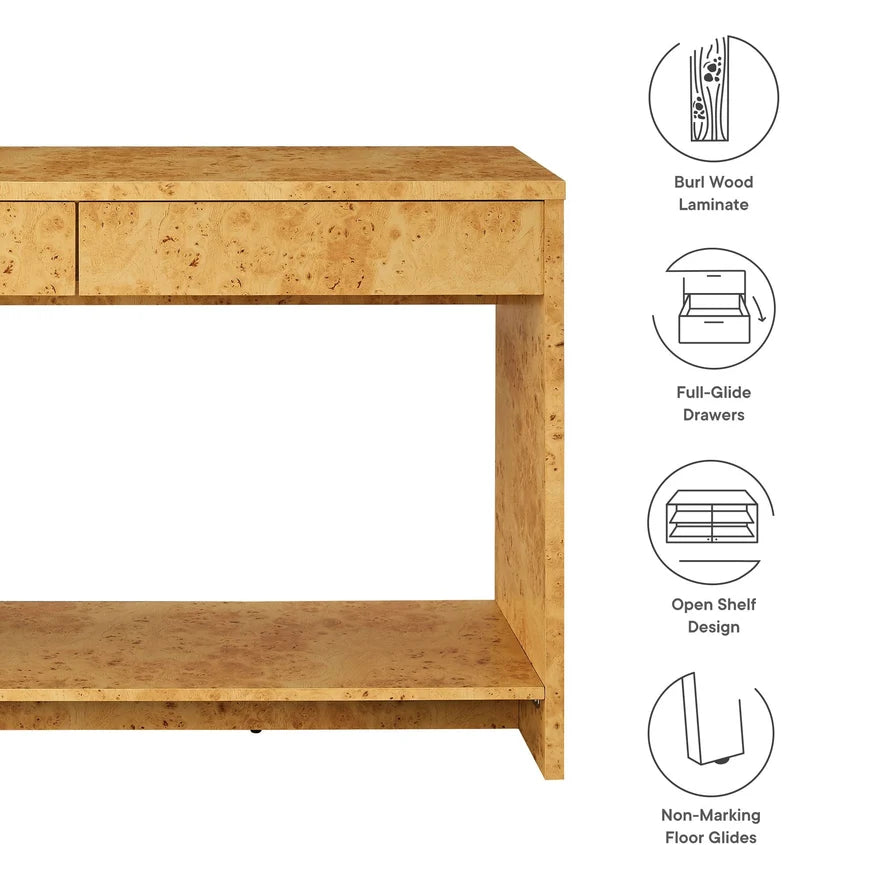 Wooden console table with features highlighted on a white background