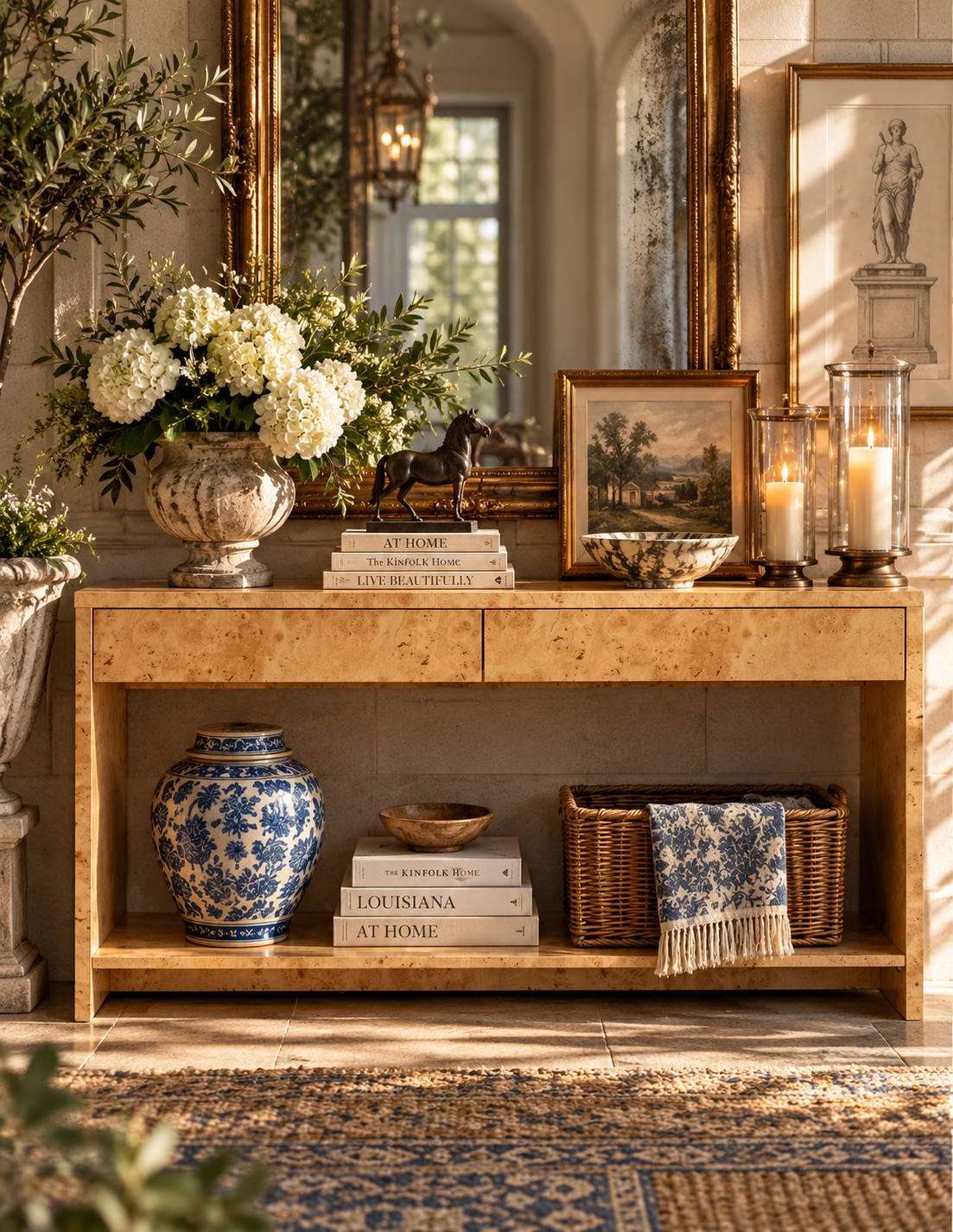 A styled entryway console table in a warm, sunlit room, decorated with a large floral arrangement, books, a blue-and-white ceramic vase, wicker baskets, candles, and framed art.