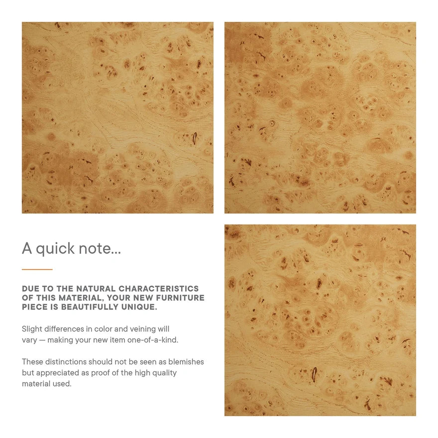 Wooden surface with a natural pattern and text explaining material uniqueness.
