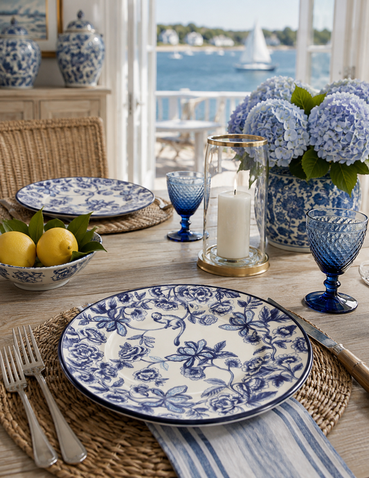 A beautifully set dining table featuring blue and white floral porcelain plates, blue glass goblets, a blue and white patterned vase of hydrangeas, and a white pillar candle in a gold-rimmed glass holder, set against a warm wood background with a window overlooking the sea.