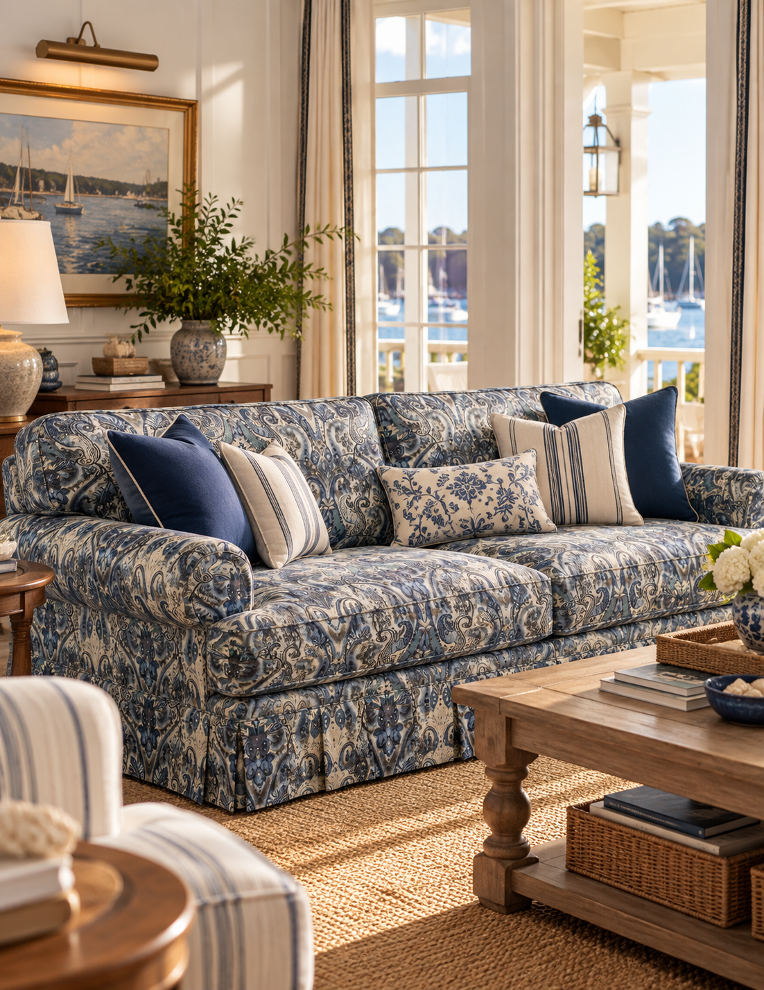 A classic three-seater sofa upholstered in a blue and white floral toile pattern, styled with navy and striped accent pillows in a bright, sunlit coastal living room.
