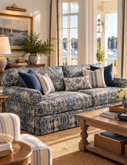 A classic three-seater sofa upholstered in a blue and white floral toile pattern, styled with navy and striped accent pillows in a bright, sunlit coastal living room.