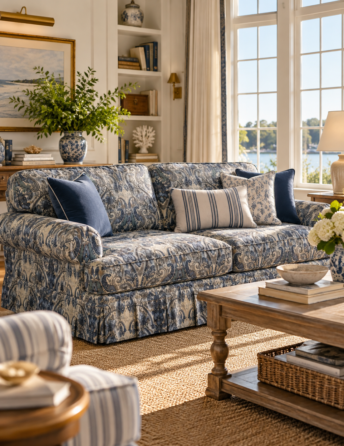 A classic blue and white floral patterned sofa in a bright, sunlit living room with a wooden coffee table, striped pillows, and a window overlooking water.