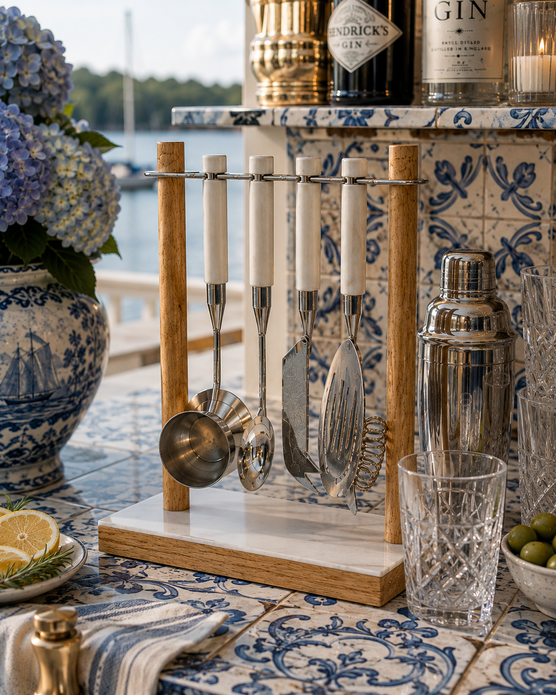 A wooden bar tool holder with metal utensils and white handles stands on a tiled bar counter beside a cocktail shaker, glasses, flowers, and bottles, with water and trees in the background.