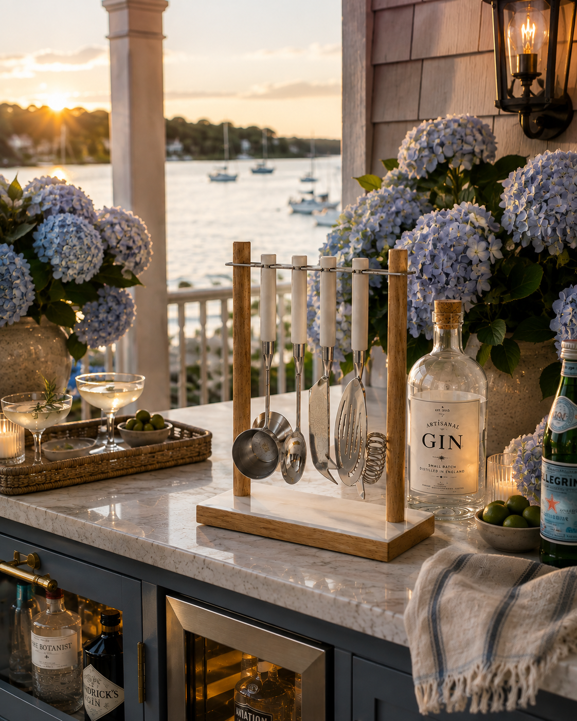 A wooden cocktail mixing tool set hangs on a marble bar counter in a beautifully styled outdoor bar area with a sunset over the water in the background. The set includes a strainer, whisk, and muddler in a warm wood finish with white handles.