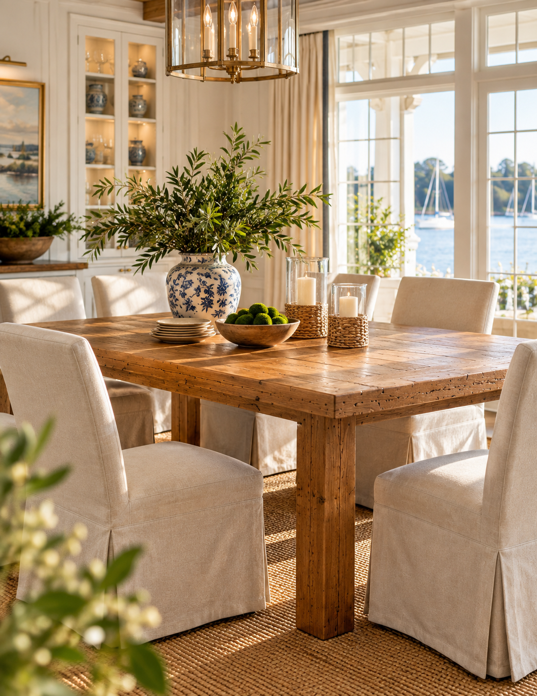 A rustic rectangular wooden dining table with thick legs in a bright, sunlit dining room. The table is surrounded by six cream-colored slipcovered dining chairs.