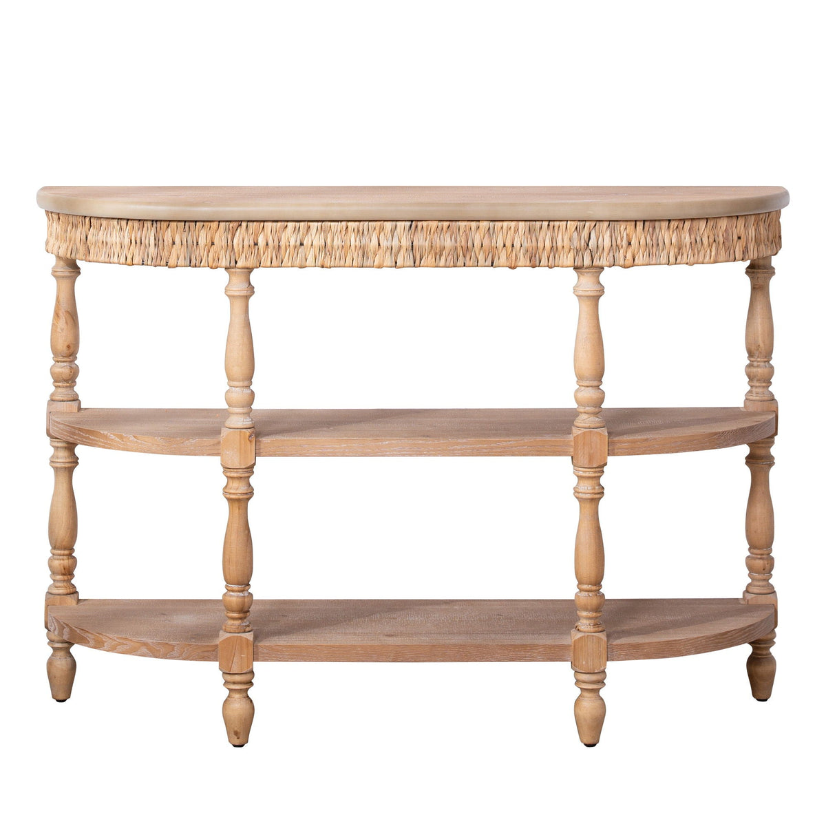 A rustic semi-circular console table made of light natural wood, featuring a woven straw rope trim along the top edge and two open shelves, set against a plain white background.
