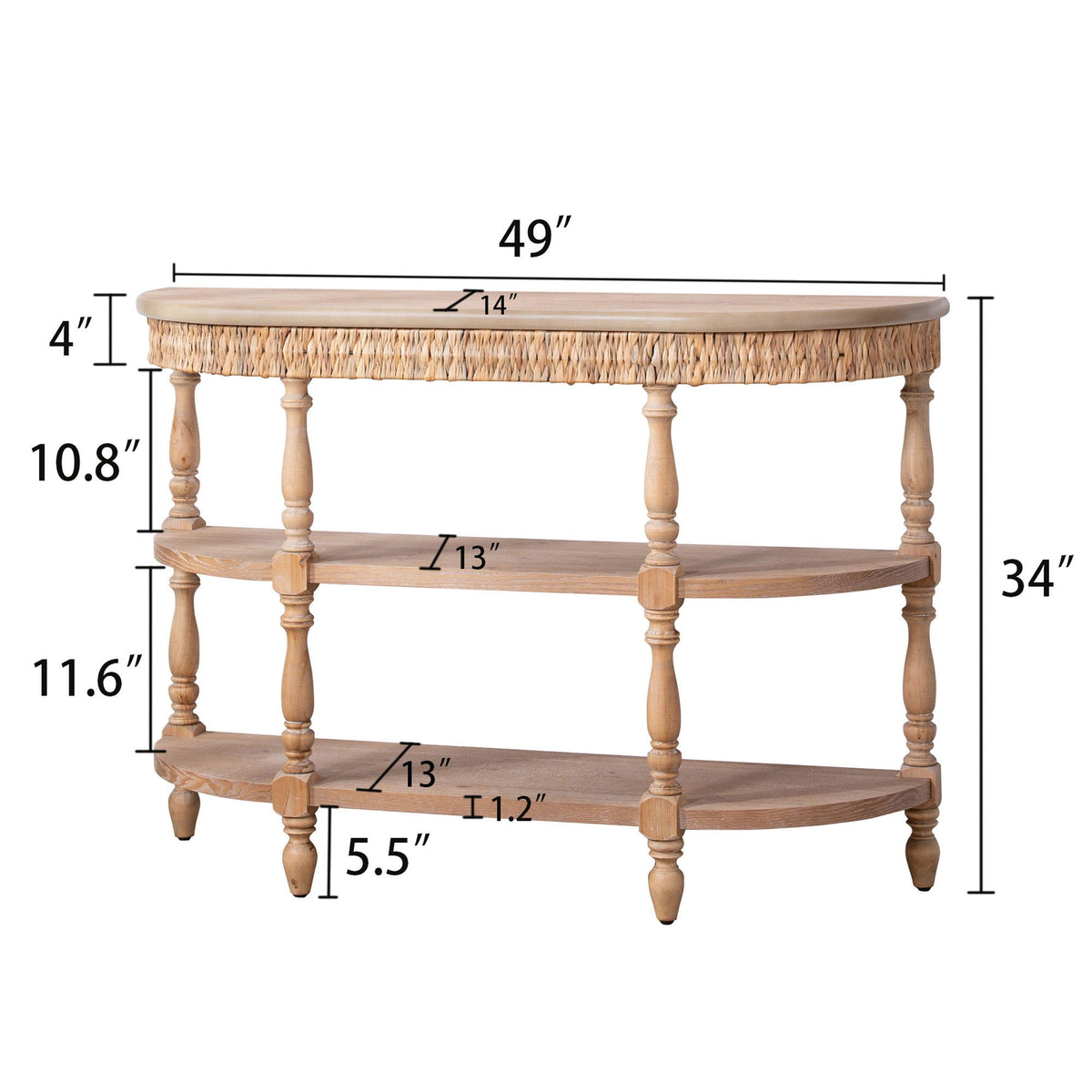 Wooden console table with dimensions labeled on a white background