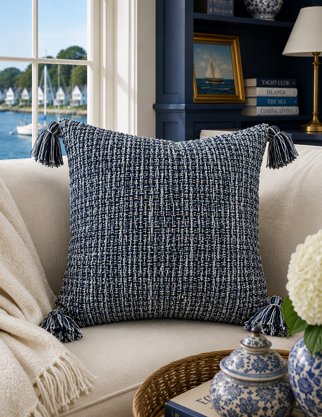 A square woven throw pillow in a navy and white textured pattern with dark blue tassels, styled on a cream sofa in a living room setting with a window view of water and boats.