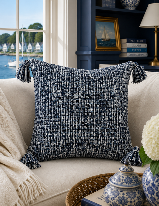 A square woven throw pillow in a navy and white textured pattern with dark blue tassels, styled on a cream sofa in a living room setting with a window view of water and boats.