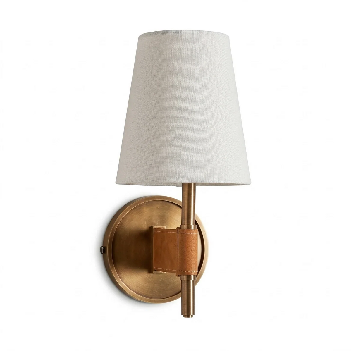 Wall-mounted lamp with a white shade and brass base on a white background