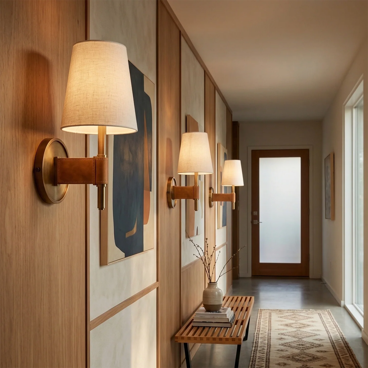 Modern hallway with wall sconces, artwork, and a bench.