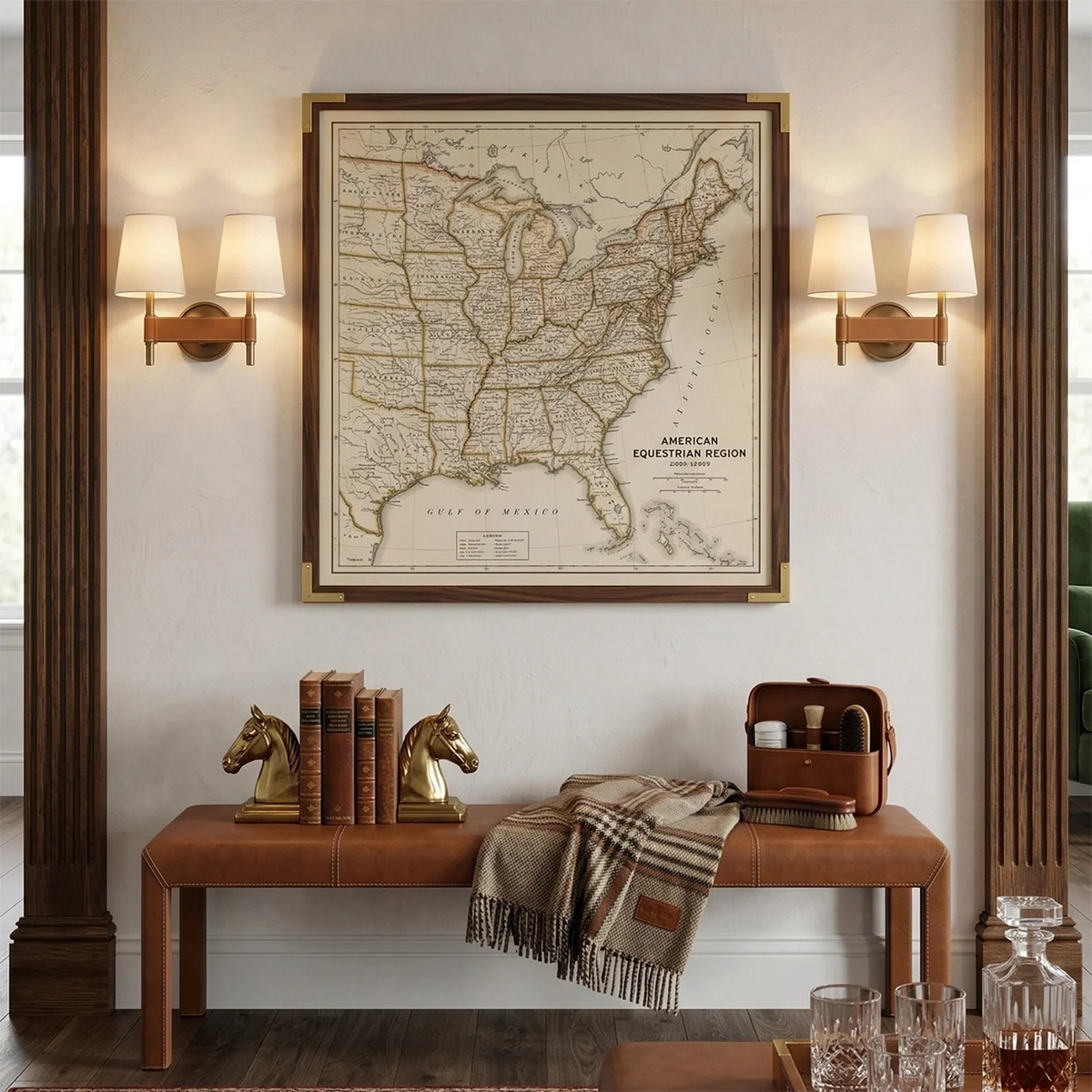 Decorative interior with a map of the United States, books, a leather bench, and a suitcase.
