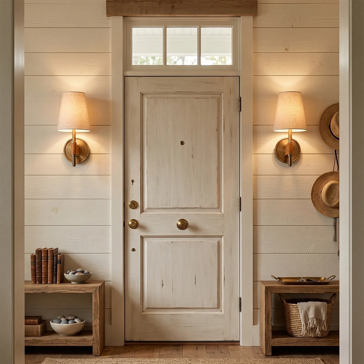 Wooden door with gold handles in a room with wooden walls and shelves.