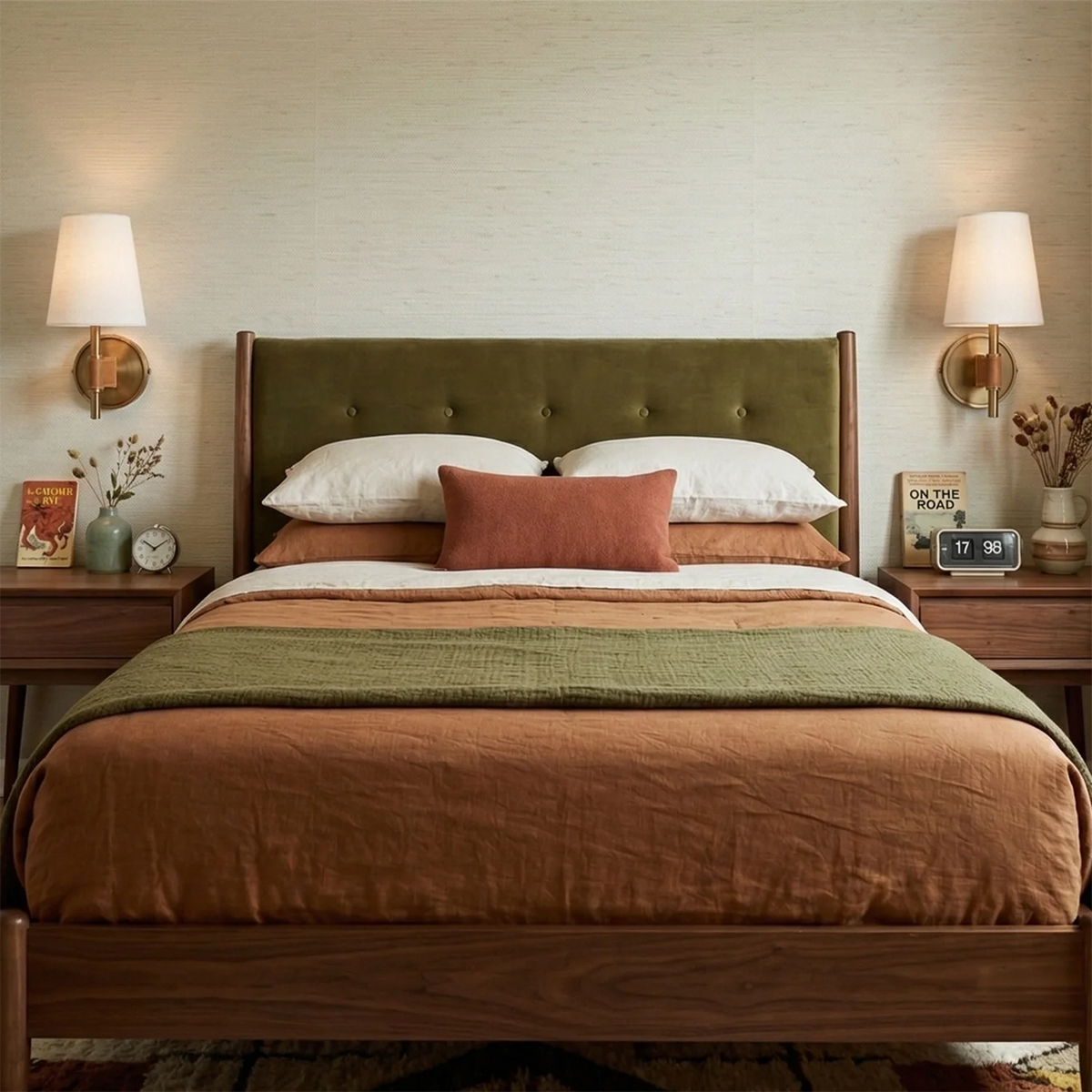 Bedroom with a bed featuring green and brown bedding, two nightstands with lamps, and decorative items.