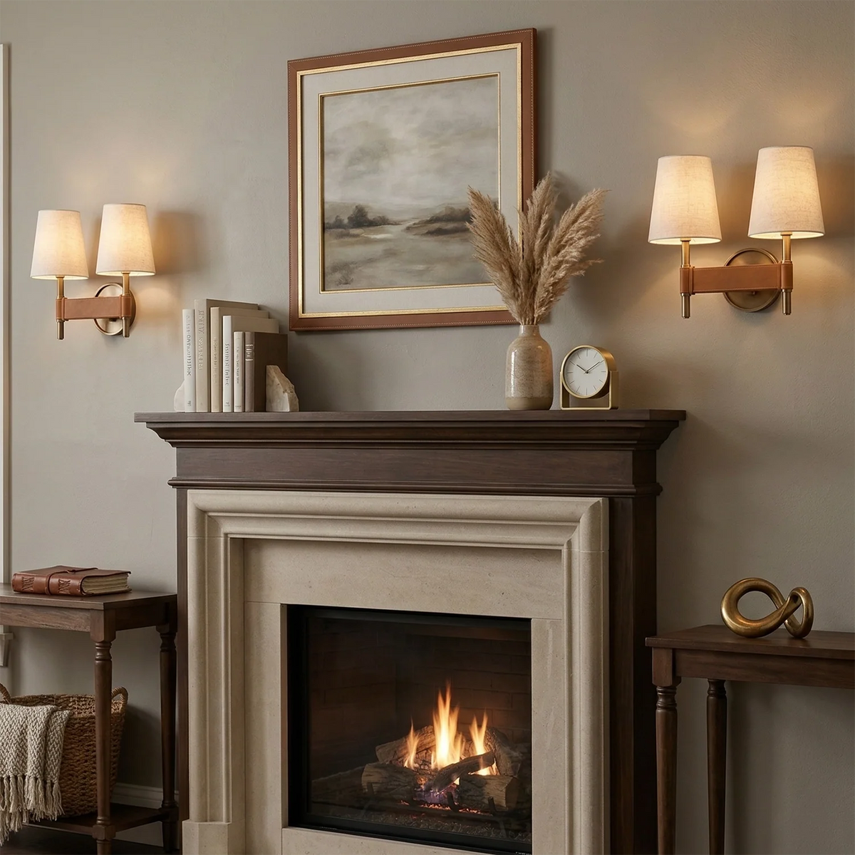 Cozy living room with a fireplace, mantel decor, and wall sconces.