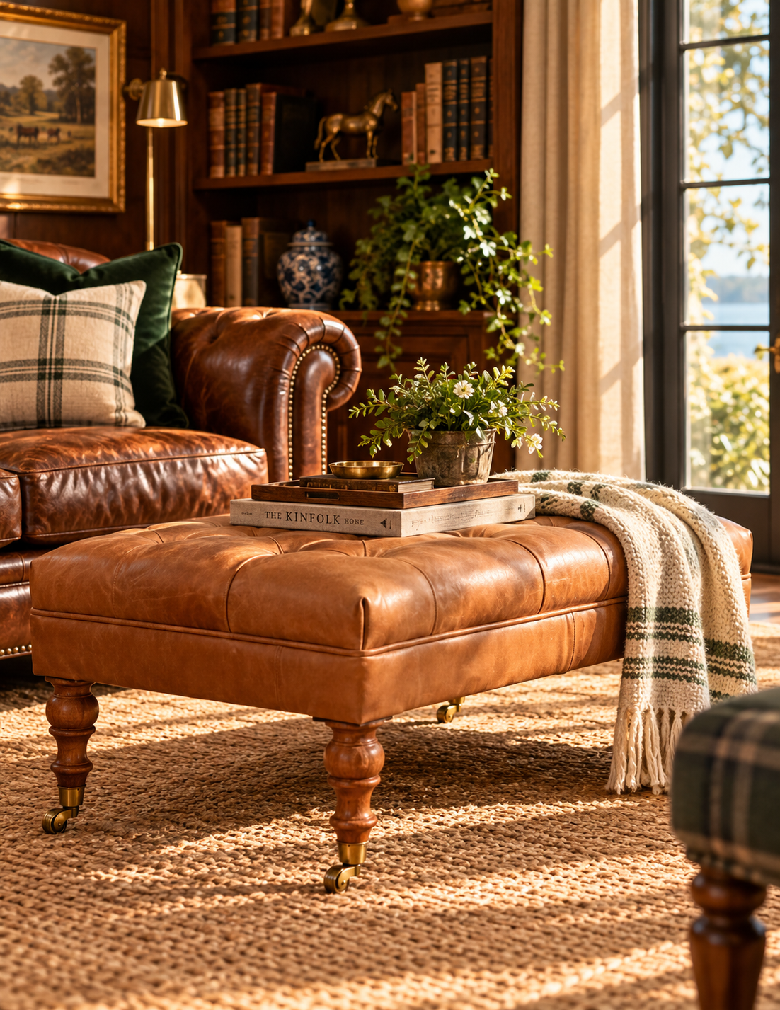A brown leather ottoman with turned wooden legs and brass casters in a warm, sunlit living room. A plaid throw pillow rests on the adjacent brown leather sofa, and a cream knit throw blanket with green stripes is draped over the ottoman.