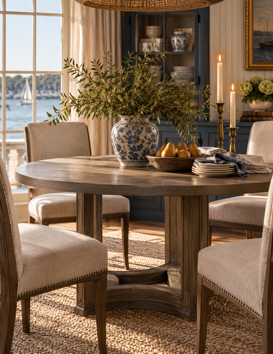 A round wooden dining table with upholstered chairs in a bright, sunlit dining room. The table is styled with a large blue-and-white ceramic vase of greenery, a bowl of pears, stacked plates, and lit candles.
