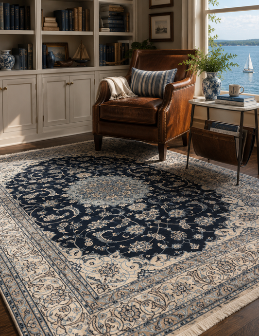 A large traditional area rug with a navy blue and beige floral pattern is shown in a beautifully styled living room with a leather armchair, bookshelves, and a window overlooking the water.