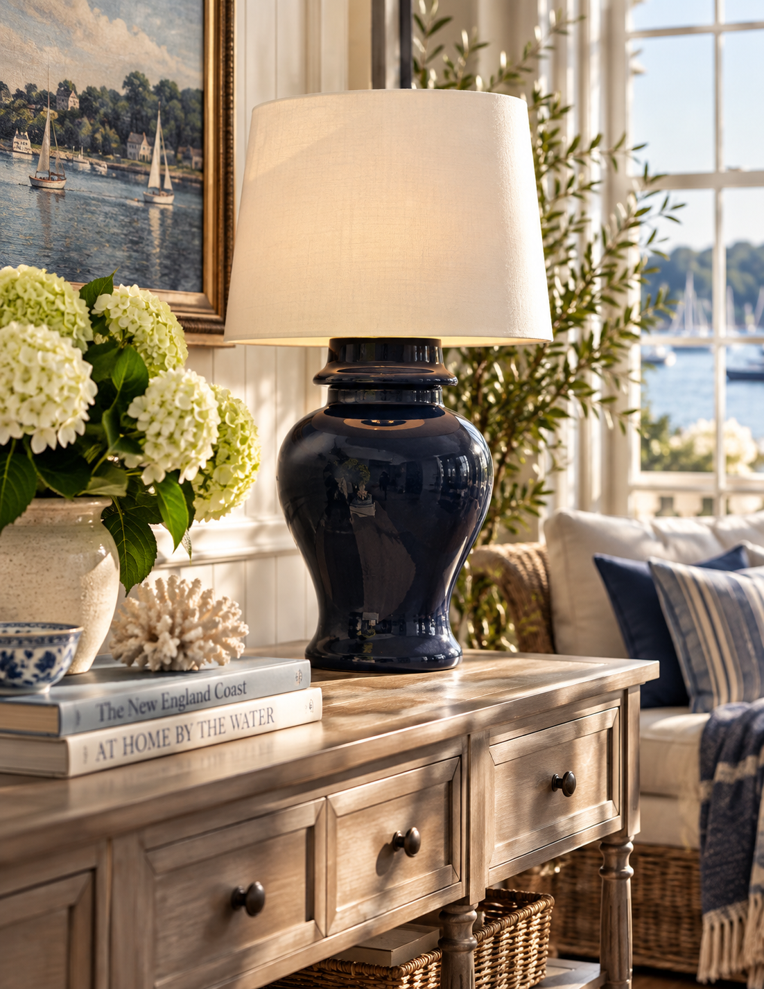 A navy blue ceramic table lamp with a cream fabric drum shade sits on a rustic wooden console table in a bright, nautical-themed living room.