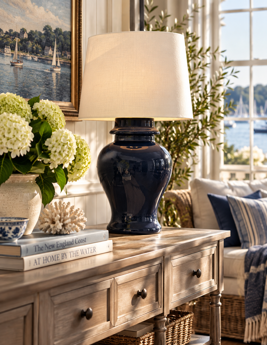 A navy blue ceramic table lamp with a cream fabric drum shade sits on a rustic wooden console table in a bright, nautical-themed living room.