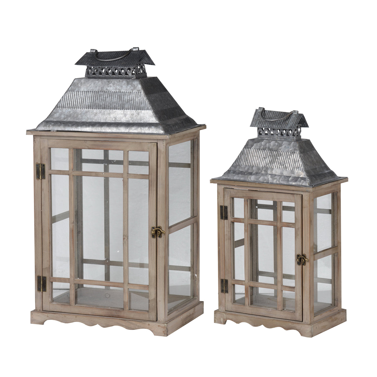 Two decorative lanterns with rustic light brown wood frames and clear glass doors, topped with galvanized metal pagoda-style roofs, shown on a white background.