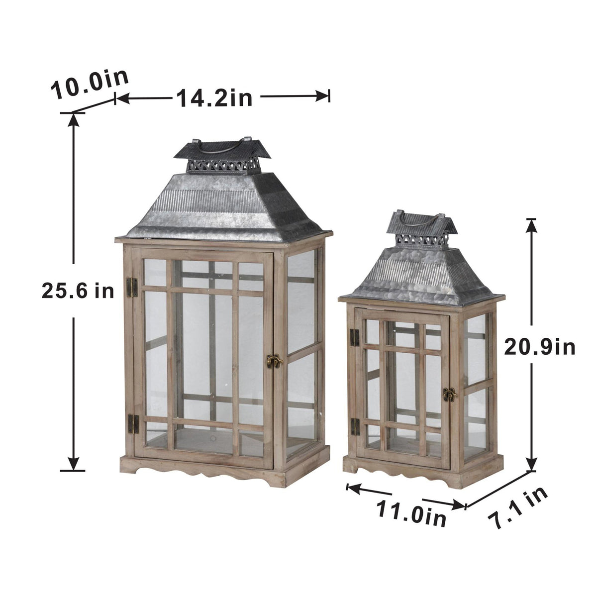 Two rustic wooden lanterns with glass doors and metal roofs, shown with dimension lines and measurements on a white background.