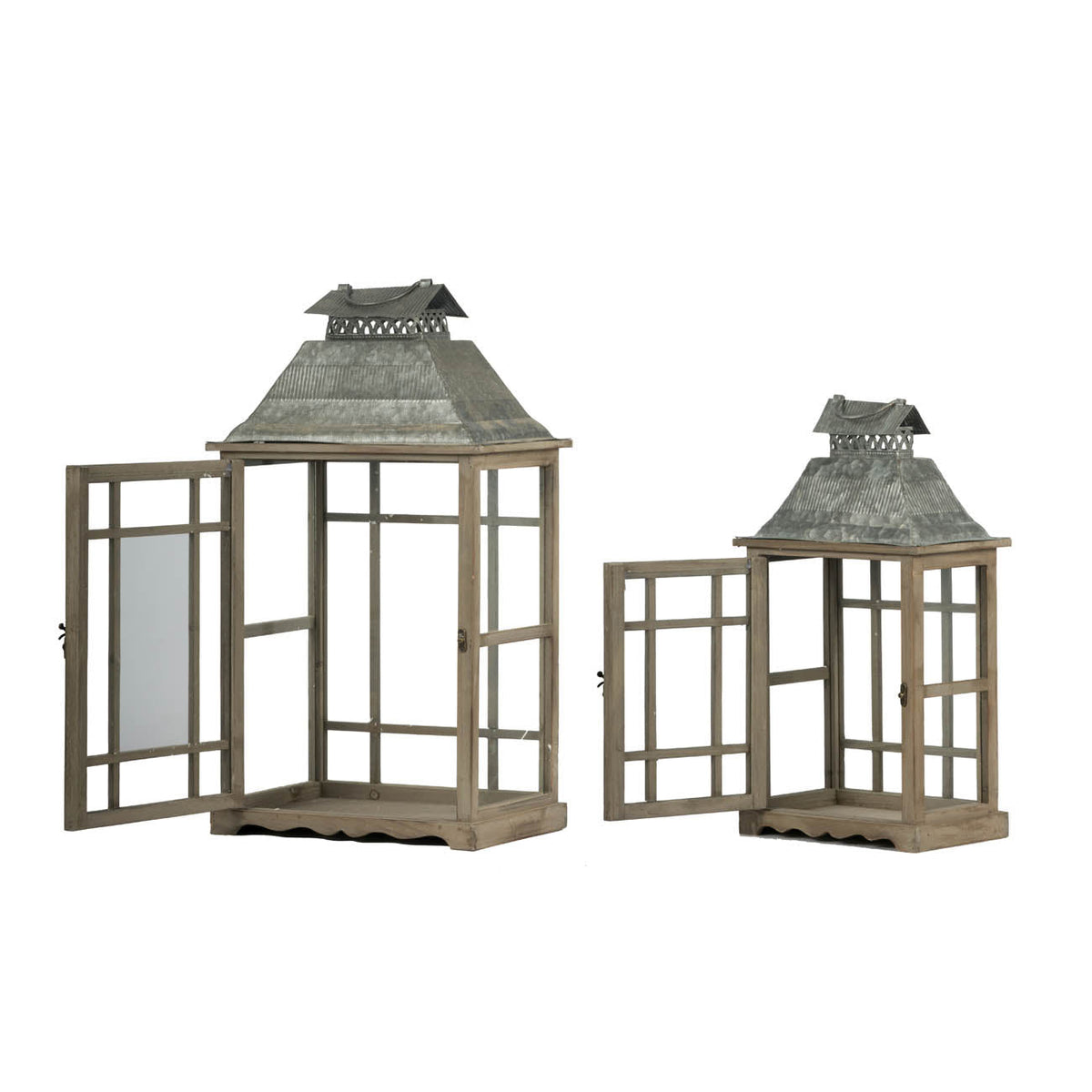 Two rustic wooden lanterns with open paneled doors and weathered gray metal roofs, shown on a plain white background.