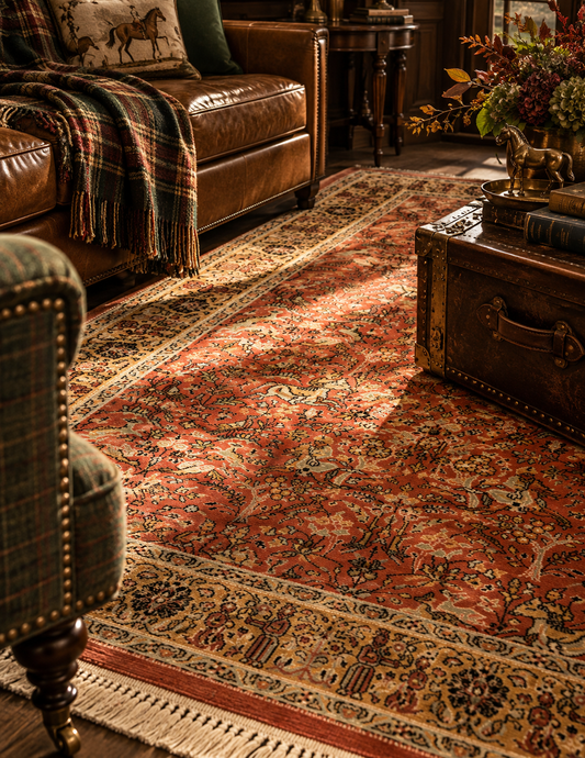 A traditional oriental area rug with an intricate floral and deer pattern in red, beige, and brown tones, styled in a warm, rustic living room with a brown leather sofa and wooden furniture.