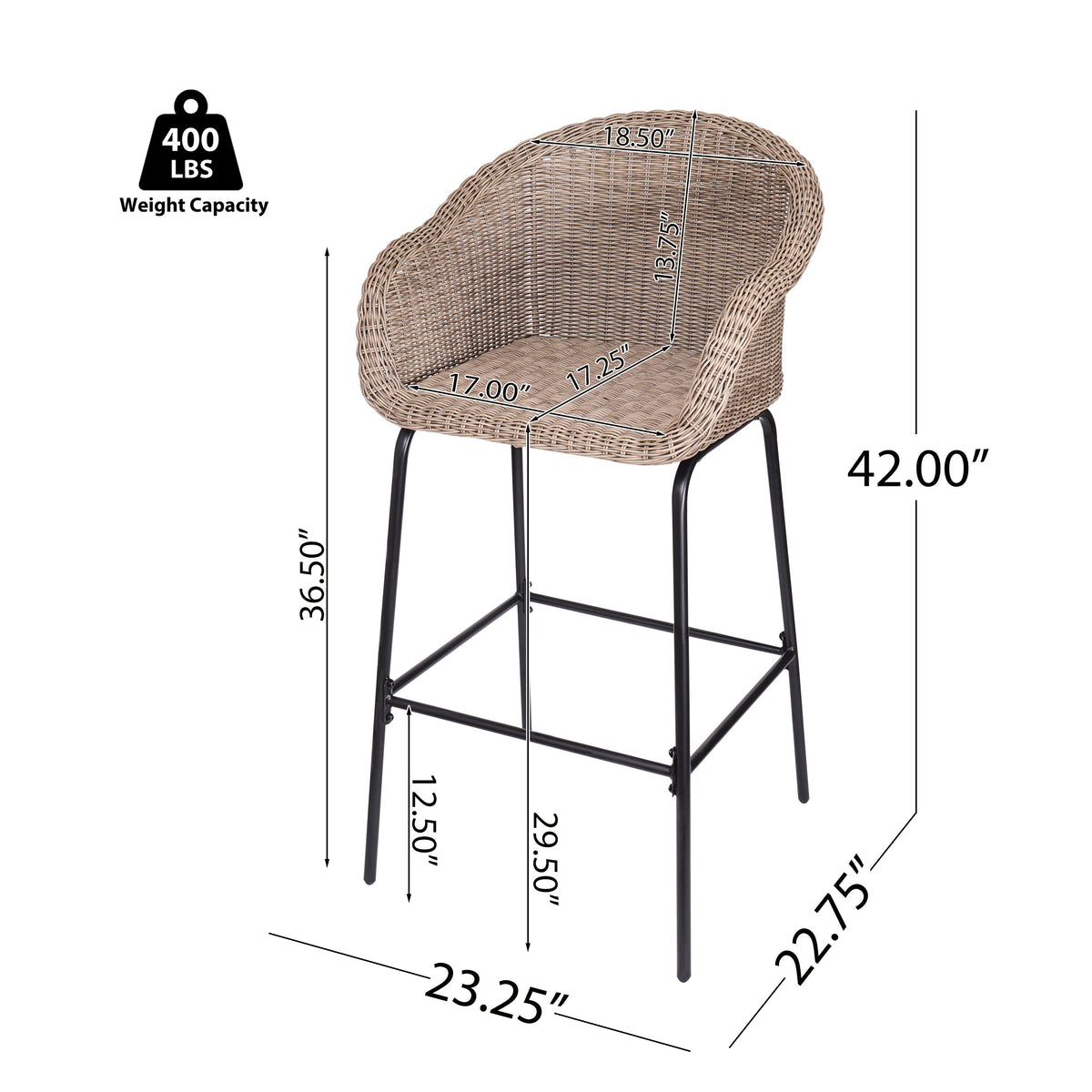 Wicker bar stool with dimensions and weight capacity on a white background