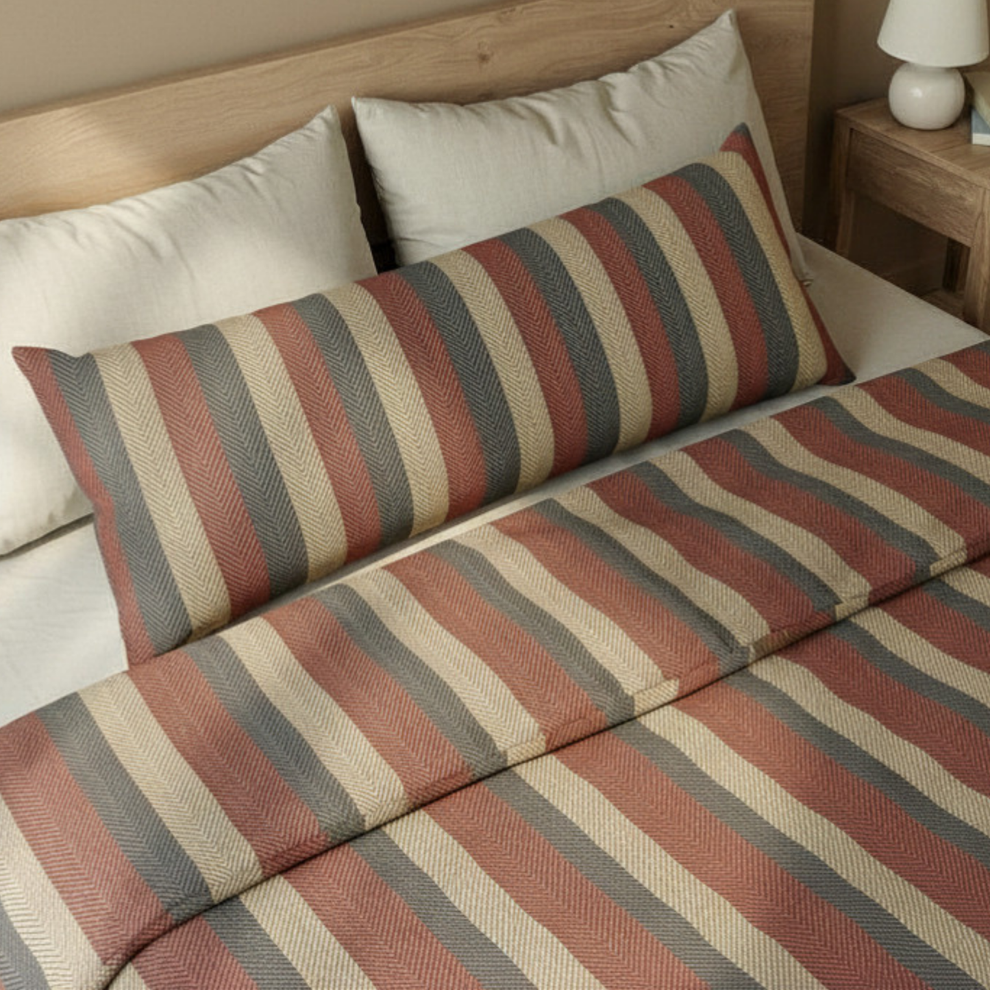 Americana Cabana Stripe Bolster Pillow — Classic cabana stripes meet refined coastal comfort in this statement bolster designed for layered, relaxed luxury.