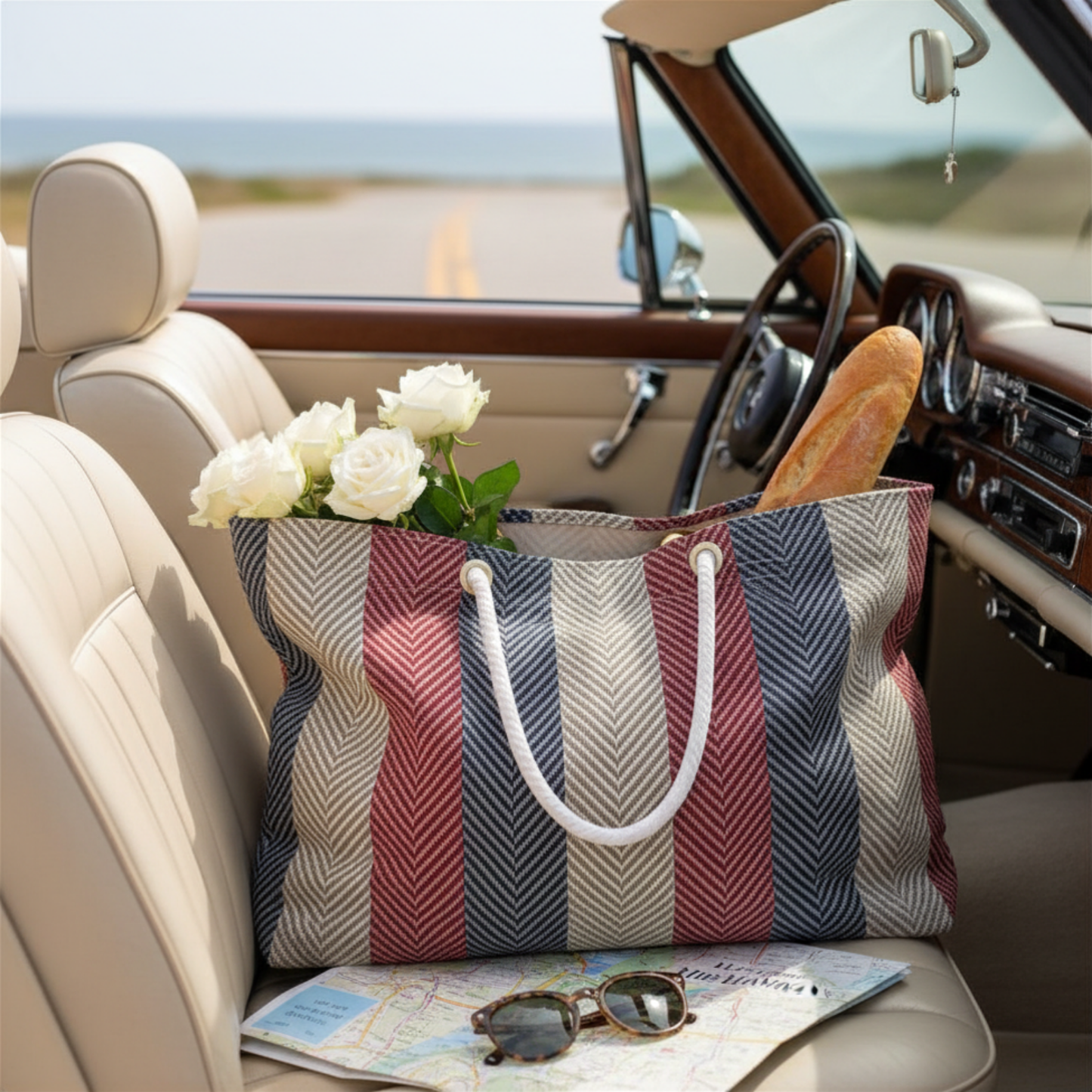 Americana Cabana Stripe Weekender Tote — A spacious coastal carryall inspired by beach weekends, boat days, and classic Americana summer style.