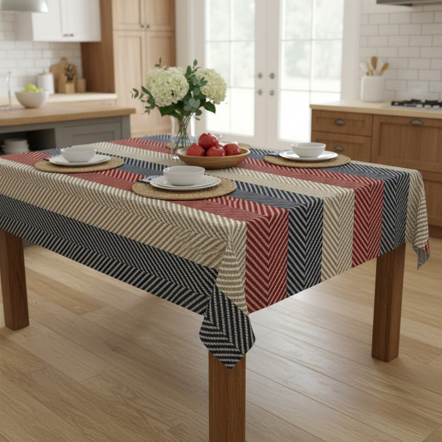 Americana Cabana Stripe Tablecloth — Inspired by elegant seaside entertaining and sun-faded summer textiles along the East Coast.