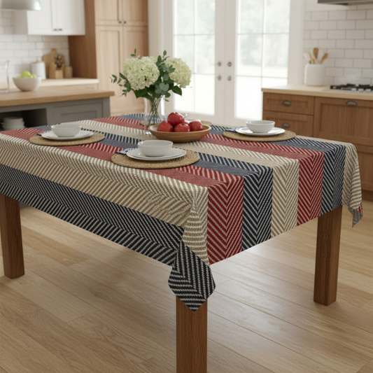 Americana Cabana Stripe Tablecloth — Inspired by elegant seaside entertaining and sun-faded summer textiles along the East Coast.