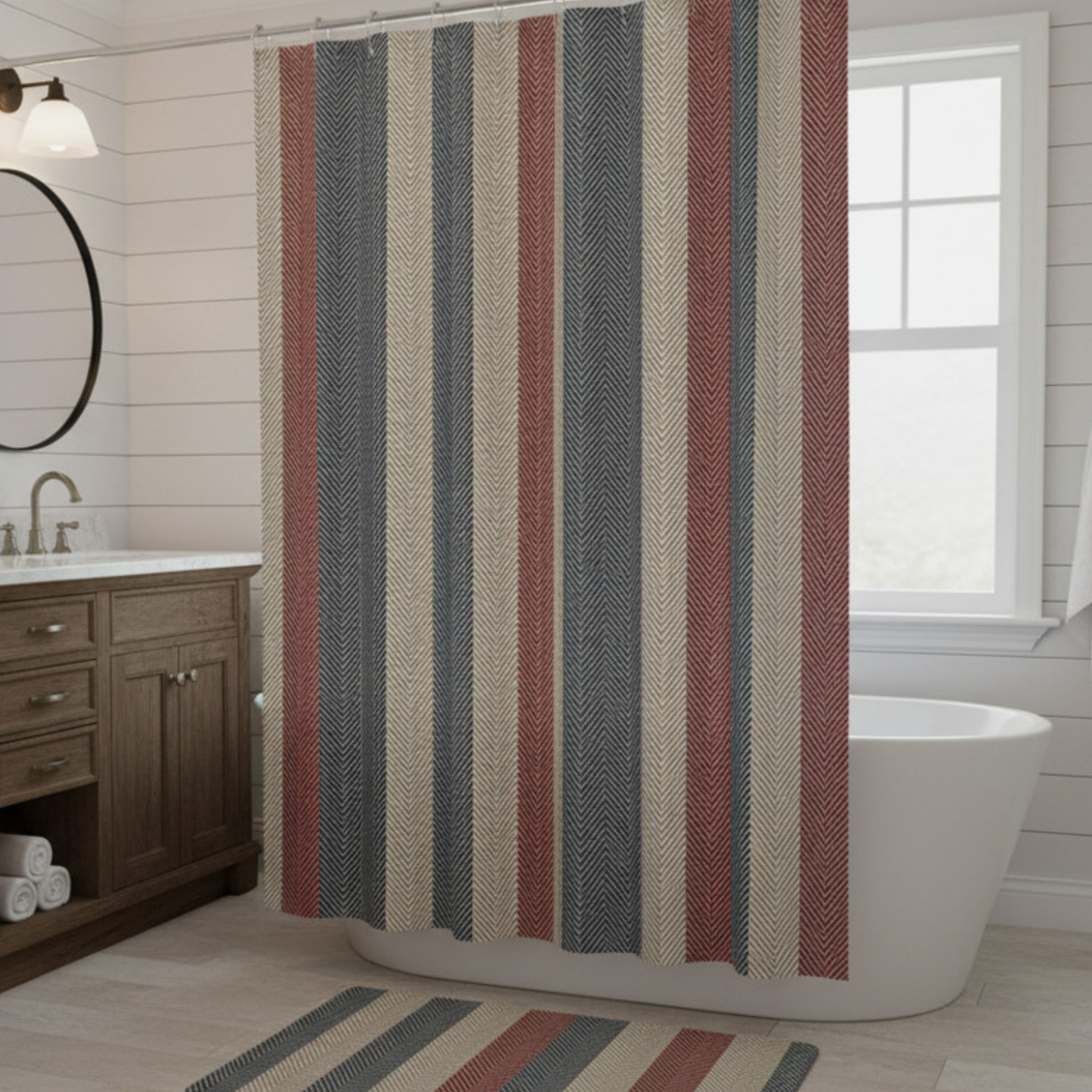 Americana Cabana Stripe Shower Curtain — A timeless coastal stripe inspired by East Coast summers, heritage textiles, and relaxed seaside living.
