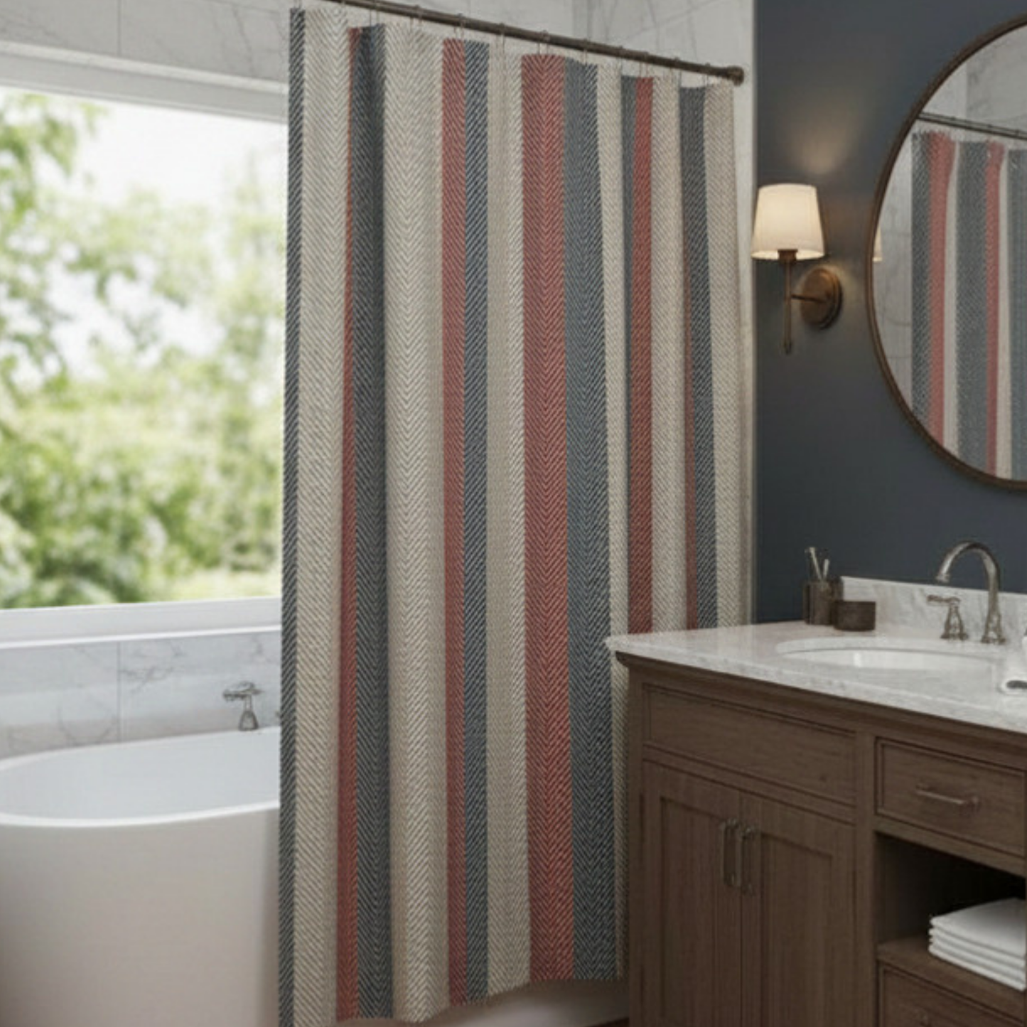 Americana Cabana Stripe Shower Curtain — A timeless coastal stripe inspired by East Coast summers, heritage textiles, and relaxed seaside living.