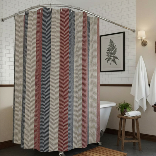 Americana Cabana Stripe Shower Curtain — A timeless coastal stripe inspired by East Coast summers, heritage textiles, and relaxed seaside living.