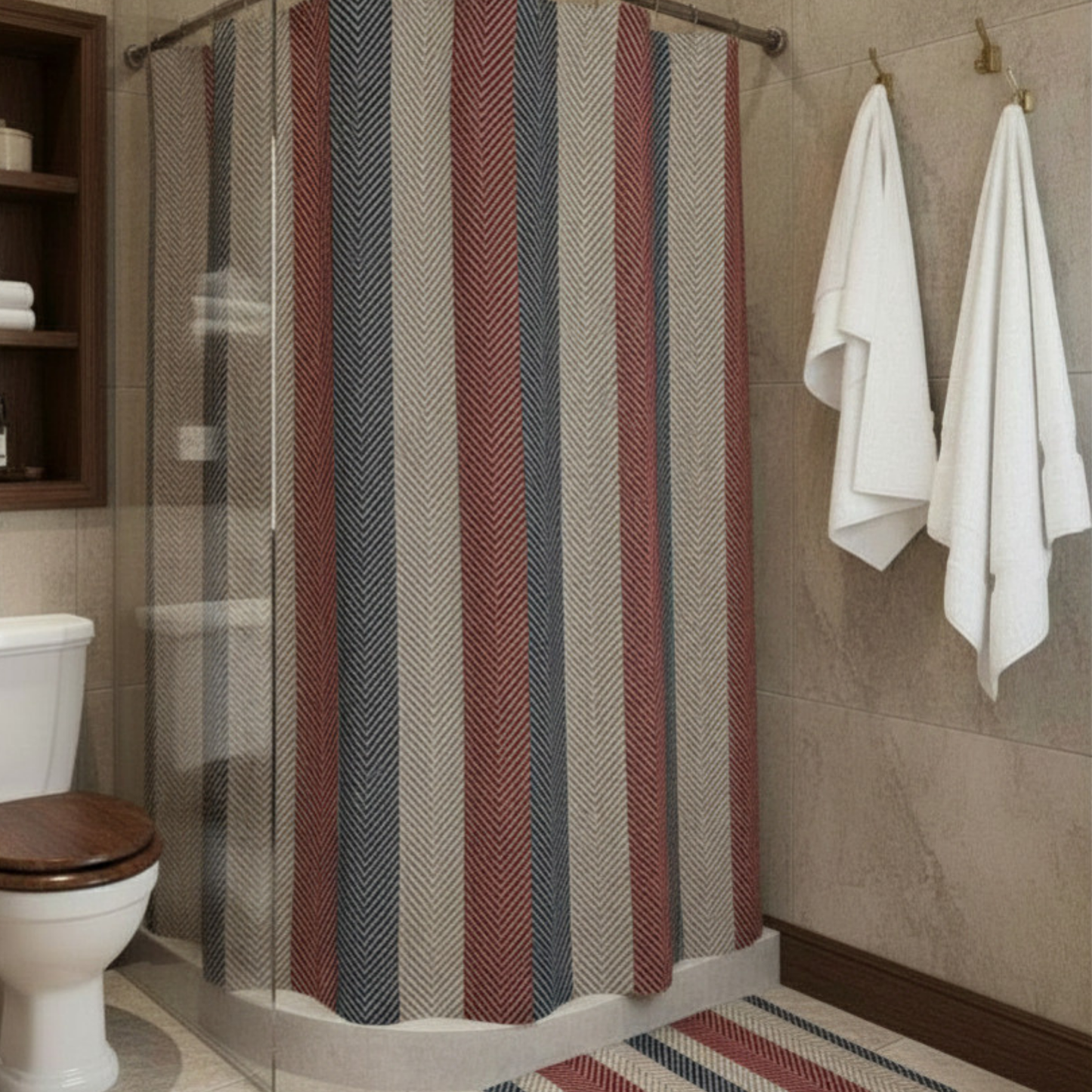 Americana Cabana Stripe Shower Curtain — A timeless coastal stripe inspired by East Coast summers, heritage textiles, and relaxed seaside living.
