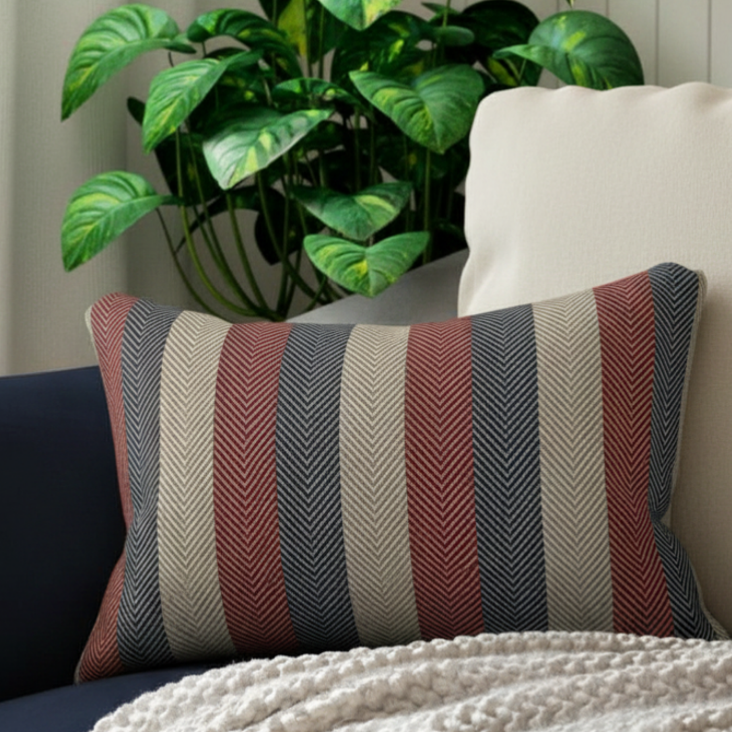Americana Cabana Stripe Lumbar Pillow — A tailored accent pillow featuring vintage-inspired cabana stripes in weathered Americana tones.