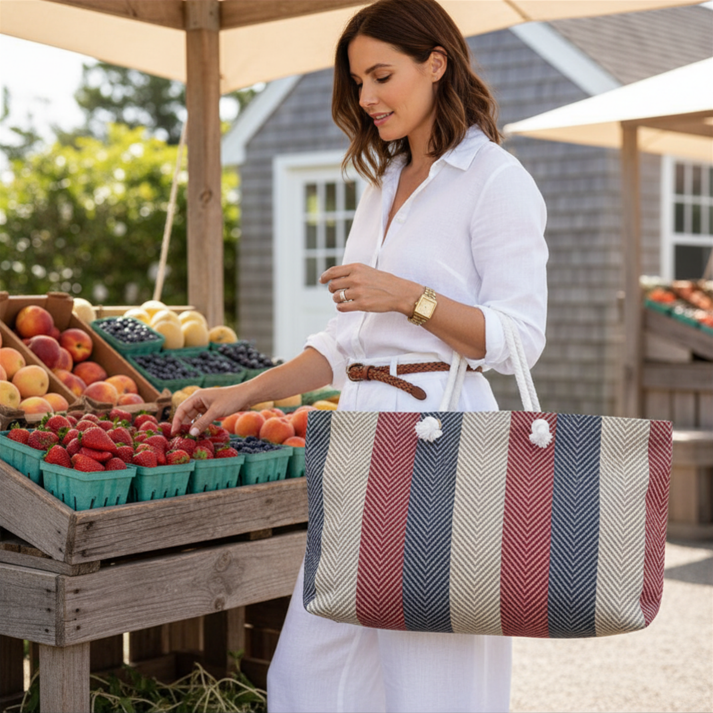 Americana Cabana Stripe Weekender Tote — A spacious coastal carryall inspired by beach weekends, boat days, and classic Americana summer style.