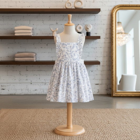 Organic Cotton Blue & White Floral Ruffle Apron Dress