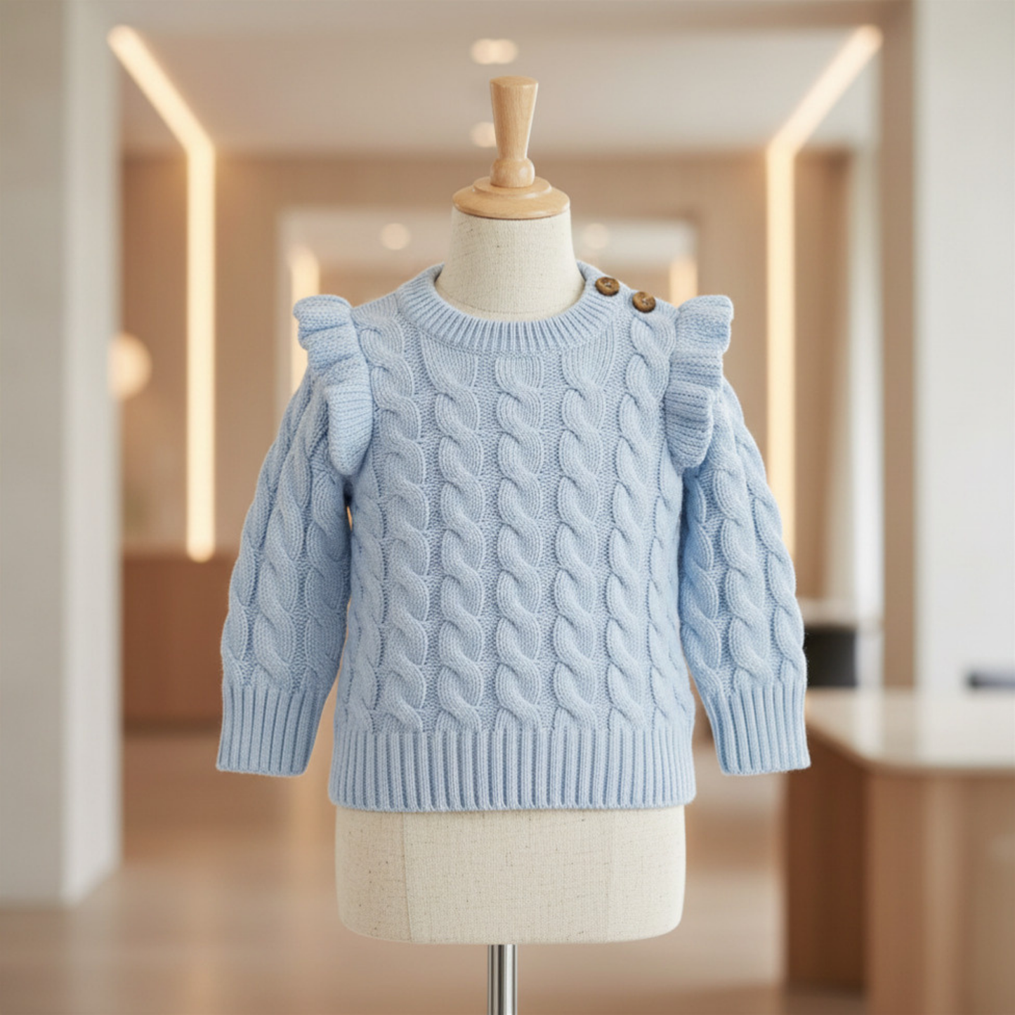 Organic Cotton Blue Cable knit Mock Neck Ruffle Sweater