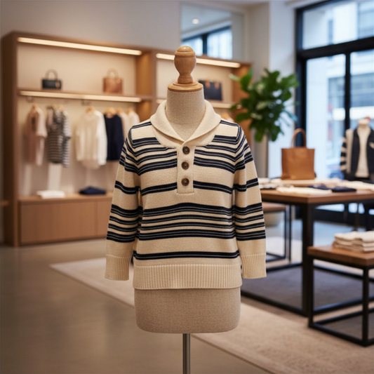 Organic Cotton Striped Sweater Henley with Elbow Patches